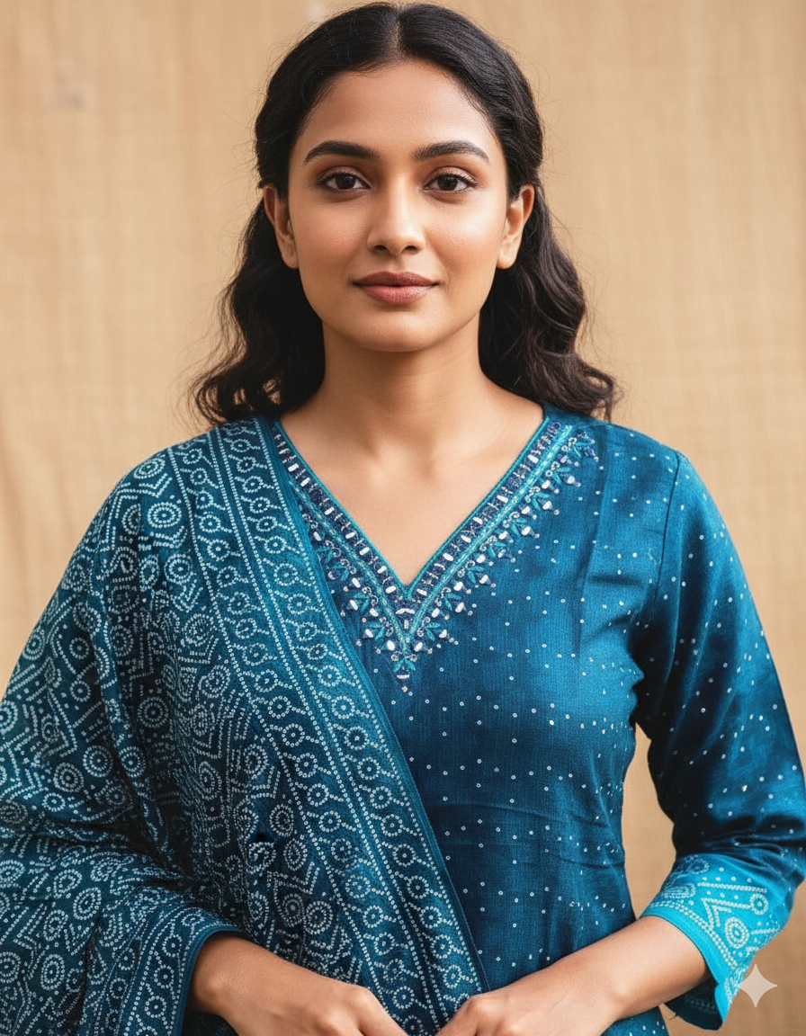 Crepe Bandhani Printed Salwar With Dupatta