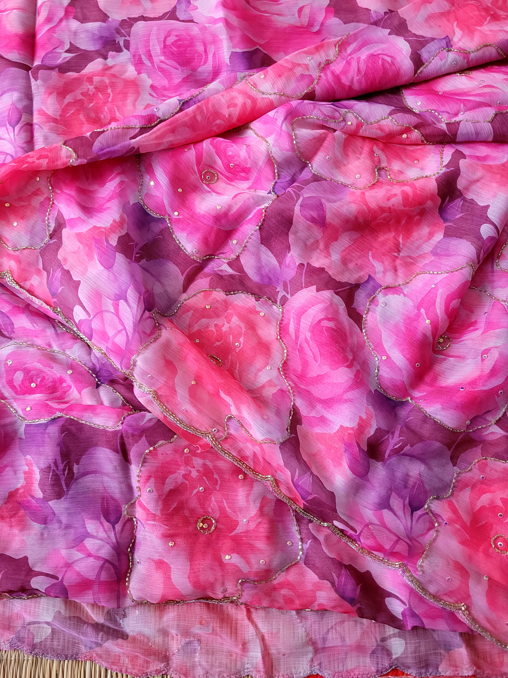 Pink Floral Pure Chiffon Saree With Embroidery