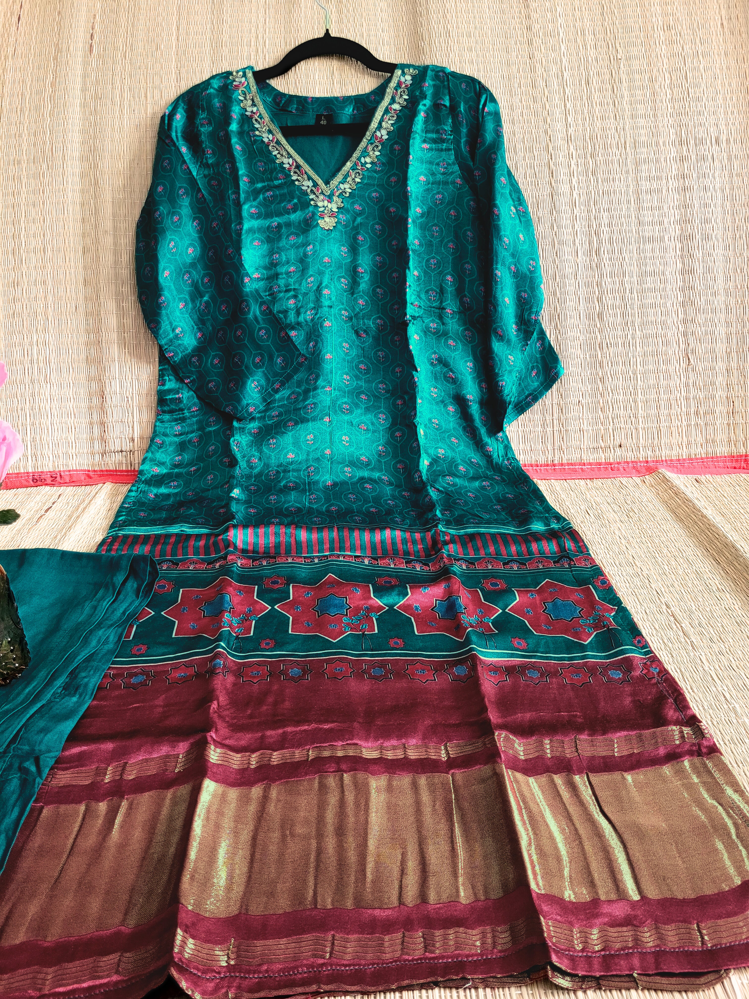 Ajrakh Printed Gaji Silk Kurti With Pant