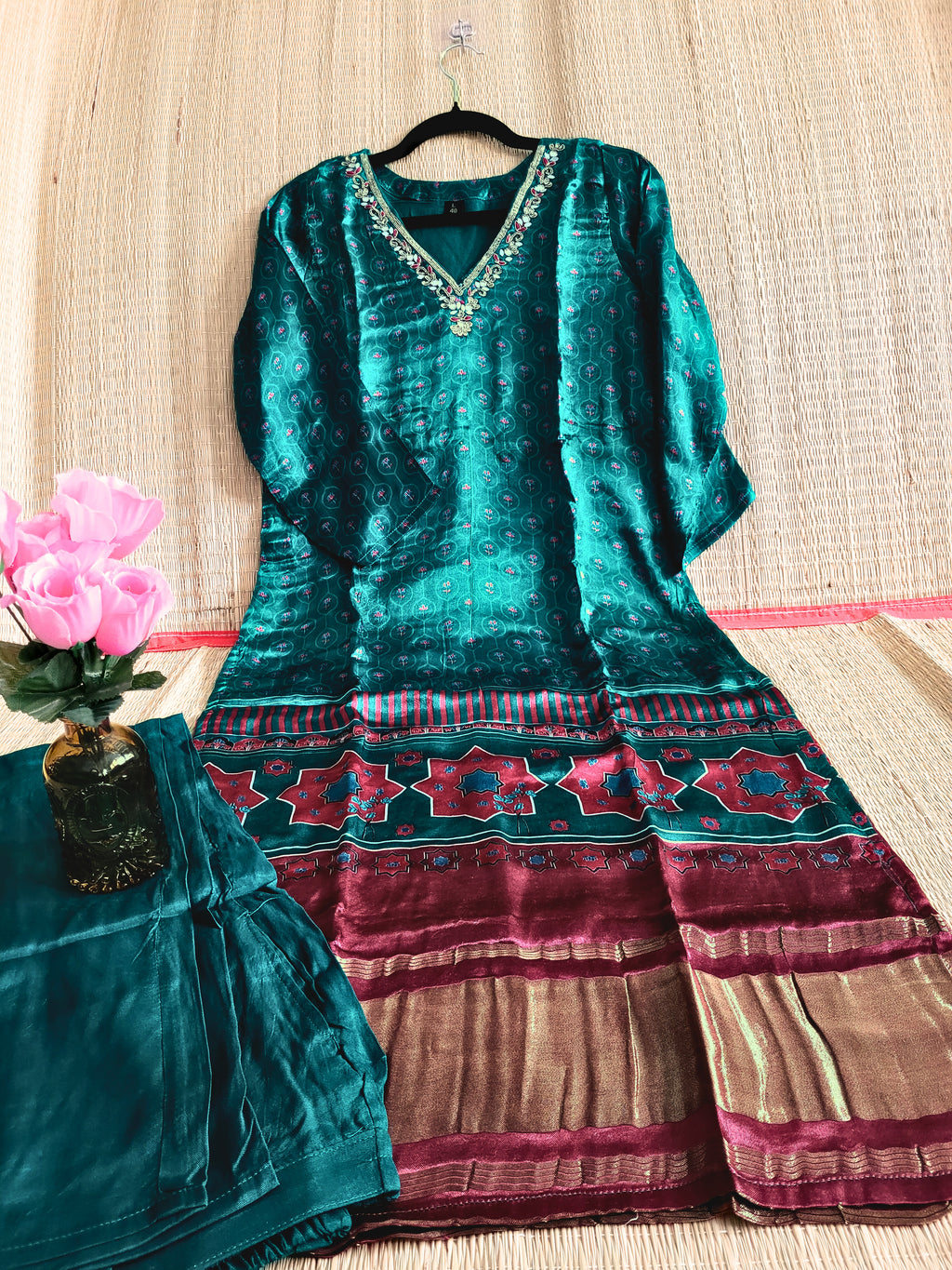 Ajrakh Printed Gaji Silk Kurti With Pant  Ethnic Lady