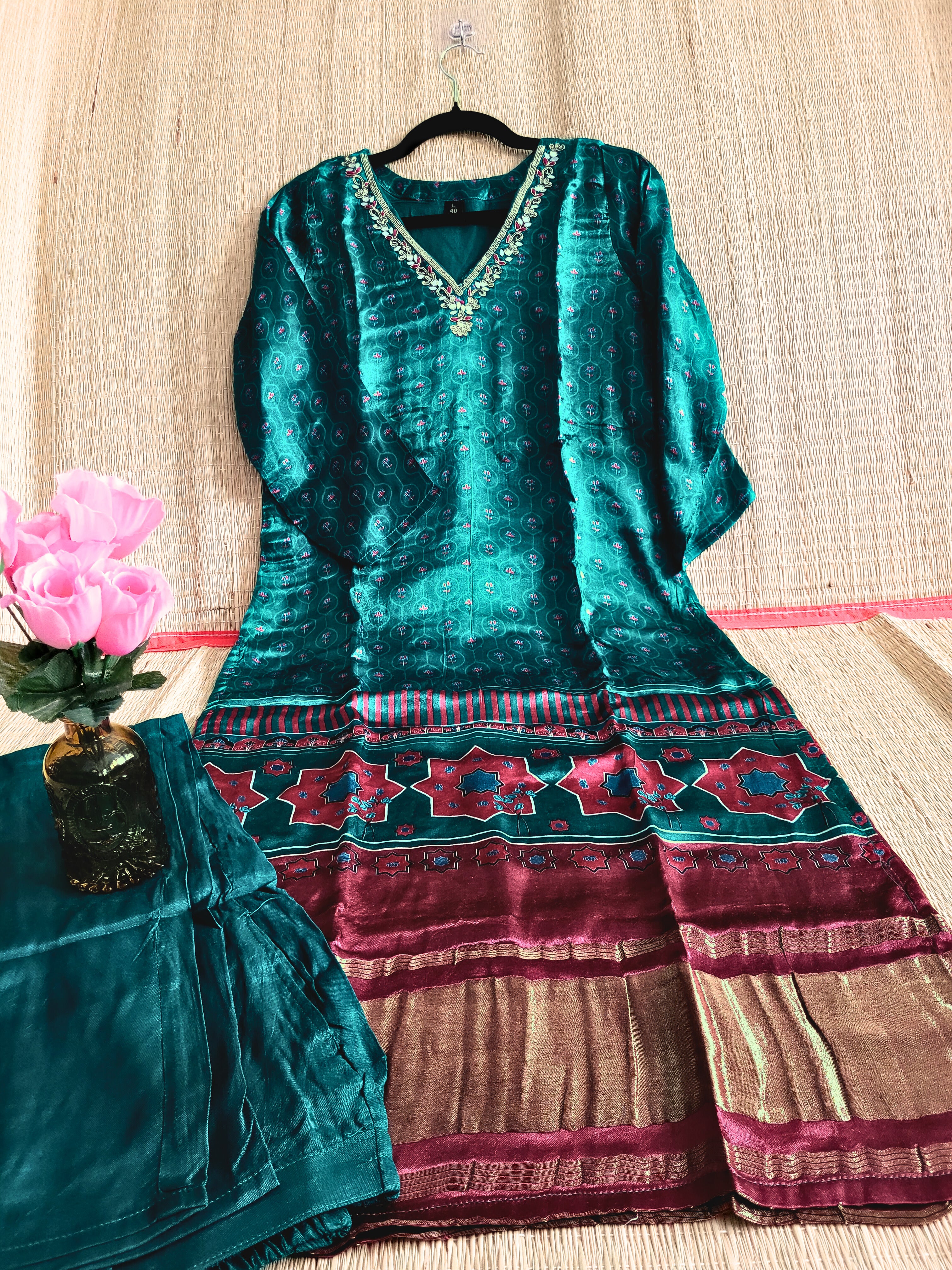 Ajrakh Printed Gaji Silk Kurti With Pant
