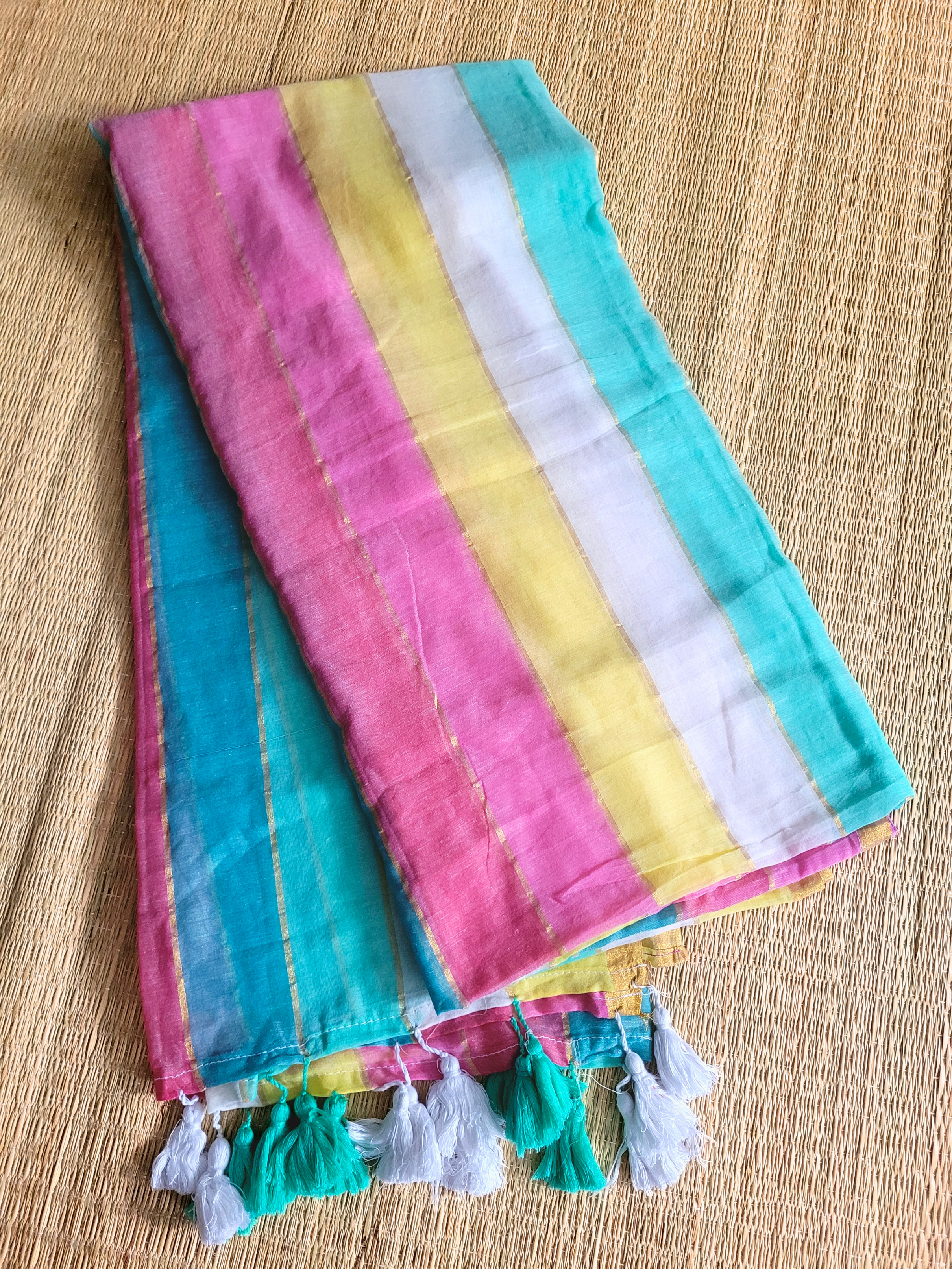 Multicolor Striped Mul Cotton Saree