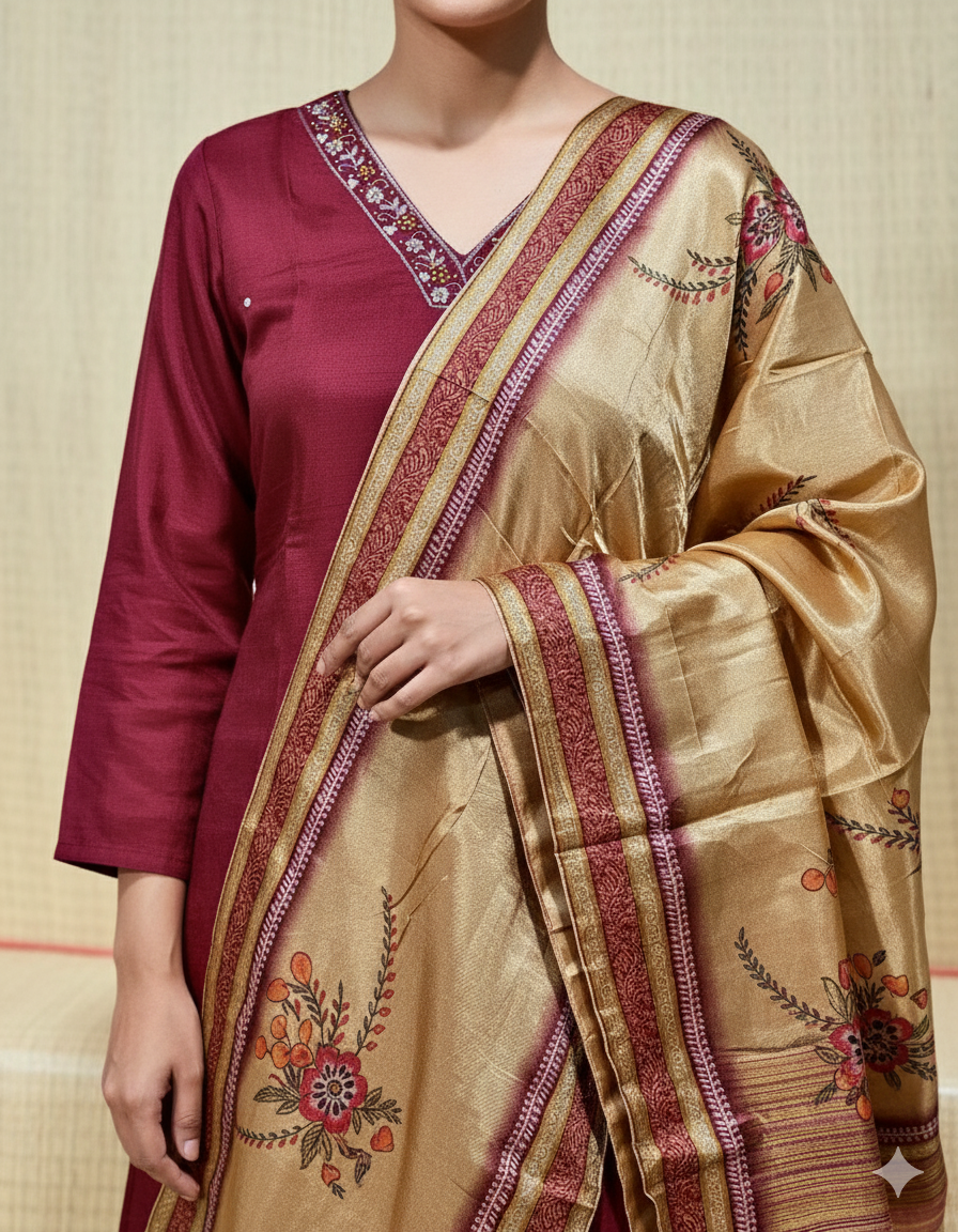 Silk Suit with Printed Gaji Silk Dupatta