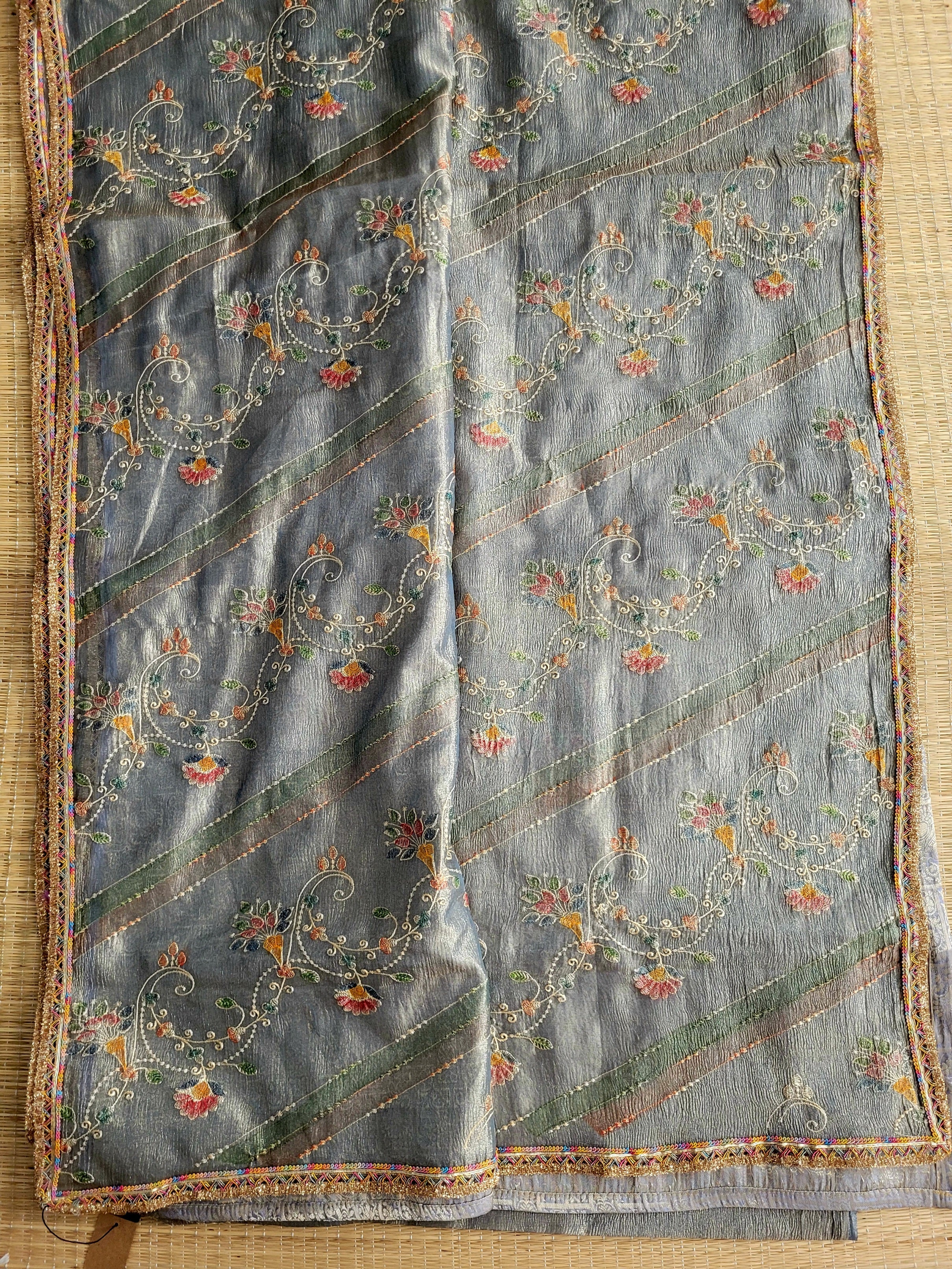 Crushed Tissue Saree With Embroidery