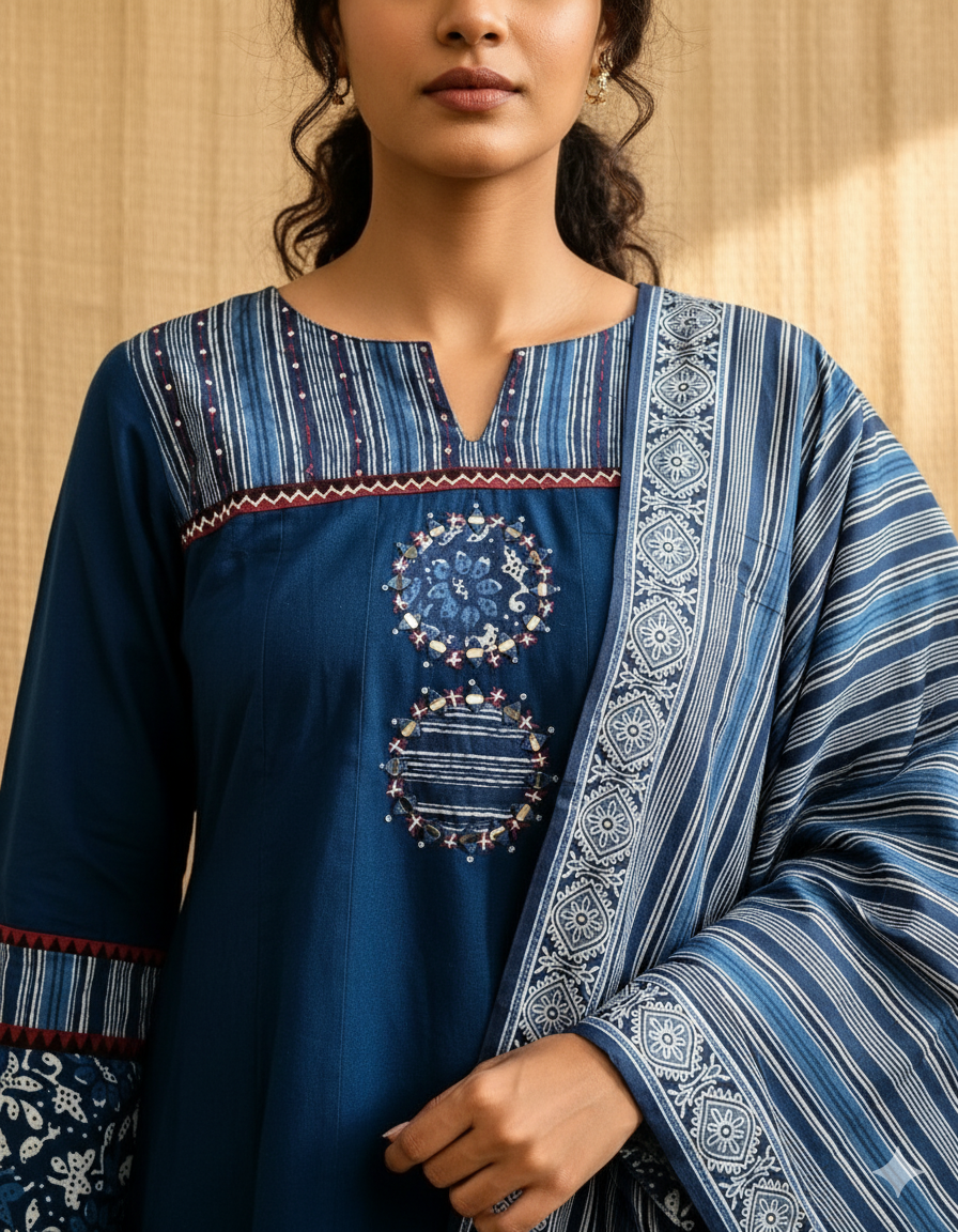 Cotton Anarkali Suit With Ajrakh Prints