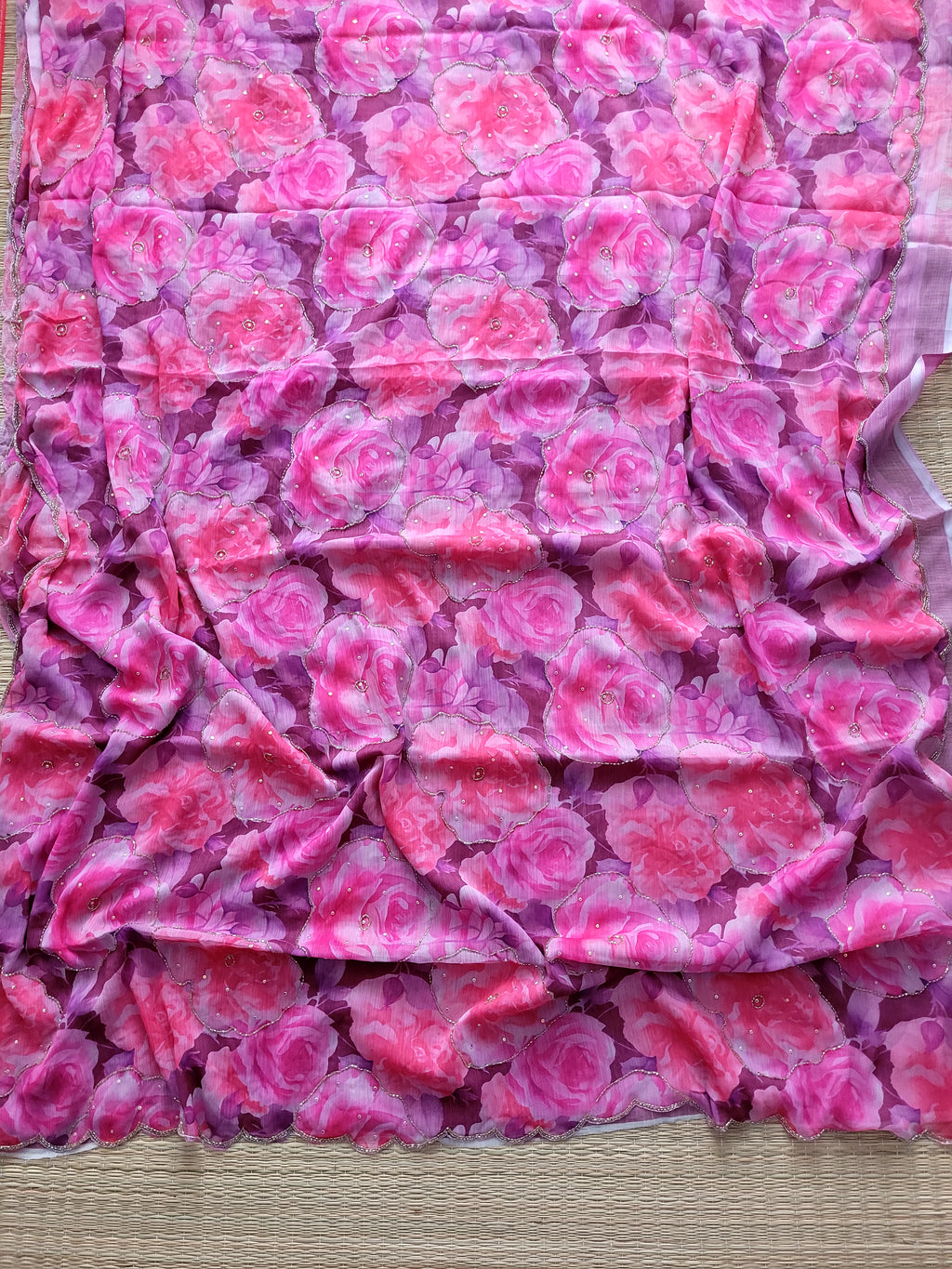 Pink Floral Pure Chiffon Saree With Embroidery
