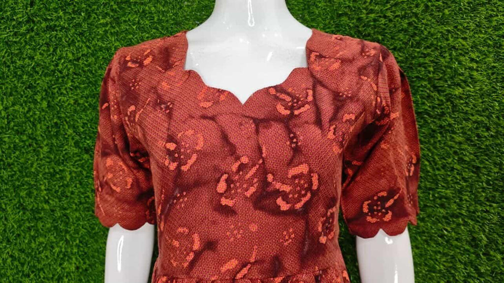 Brick Red Printed Handloom Cotton Gown