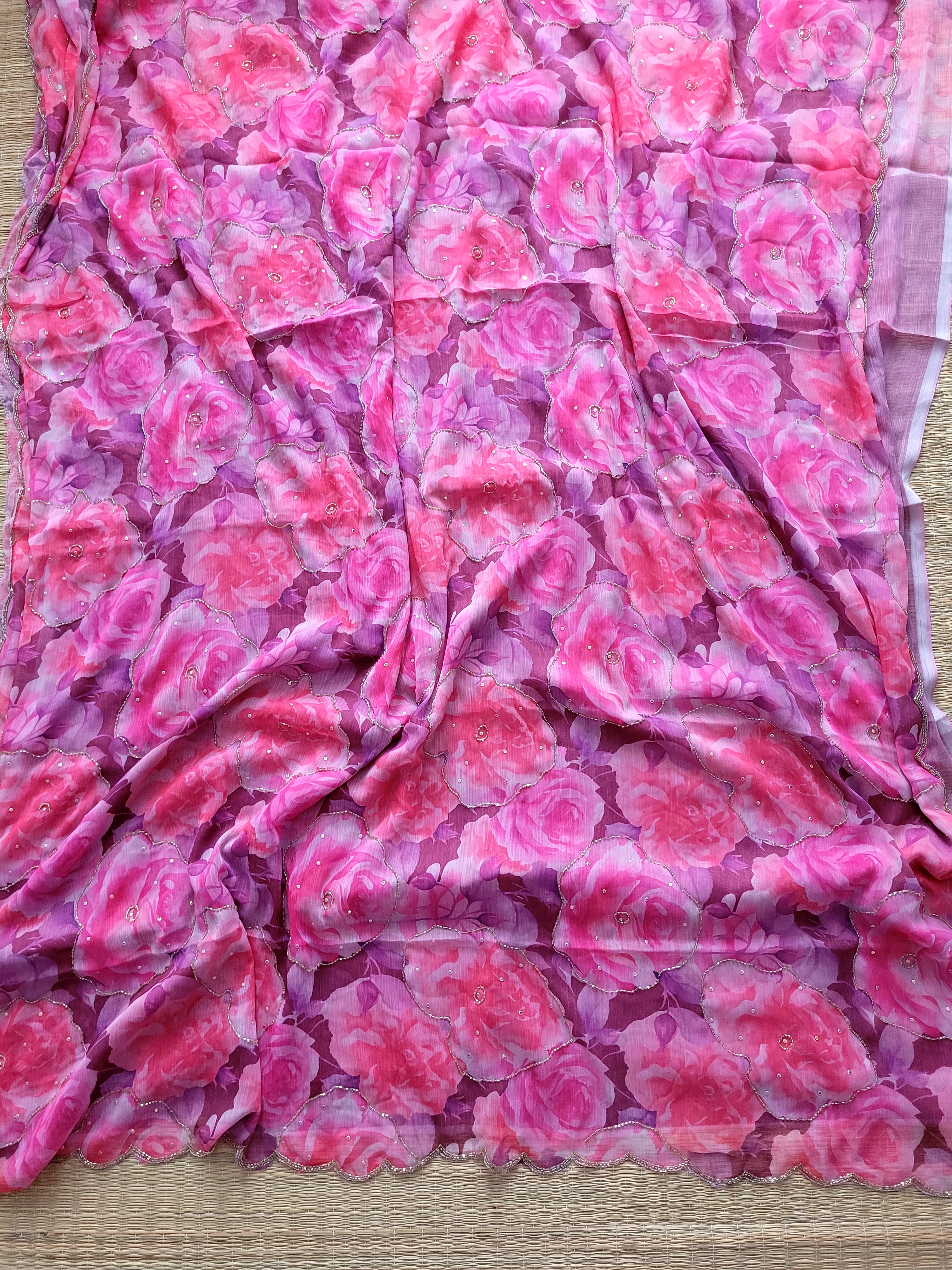 Pink Floral Pure Chiffon Saree With Embroidery