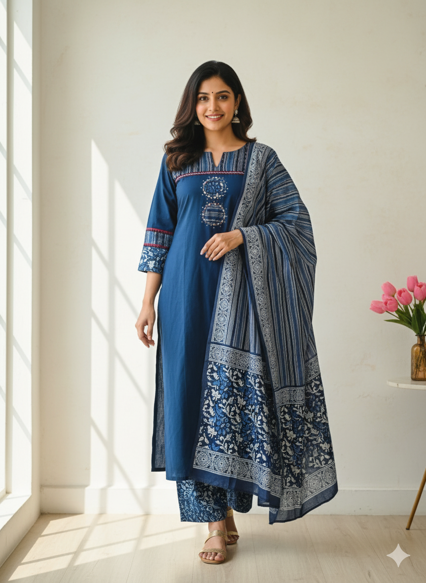 Cotton Anarkali Suit With Ajrakh Prints