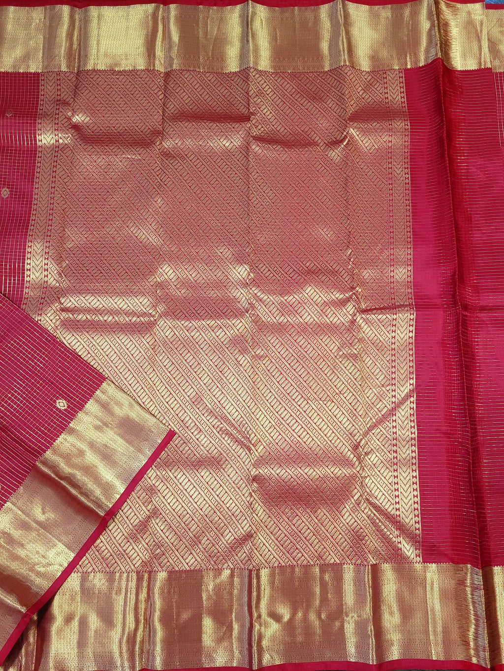 Red Kanchipuram Handloom Silk Saree With Zari Checks