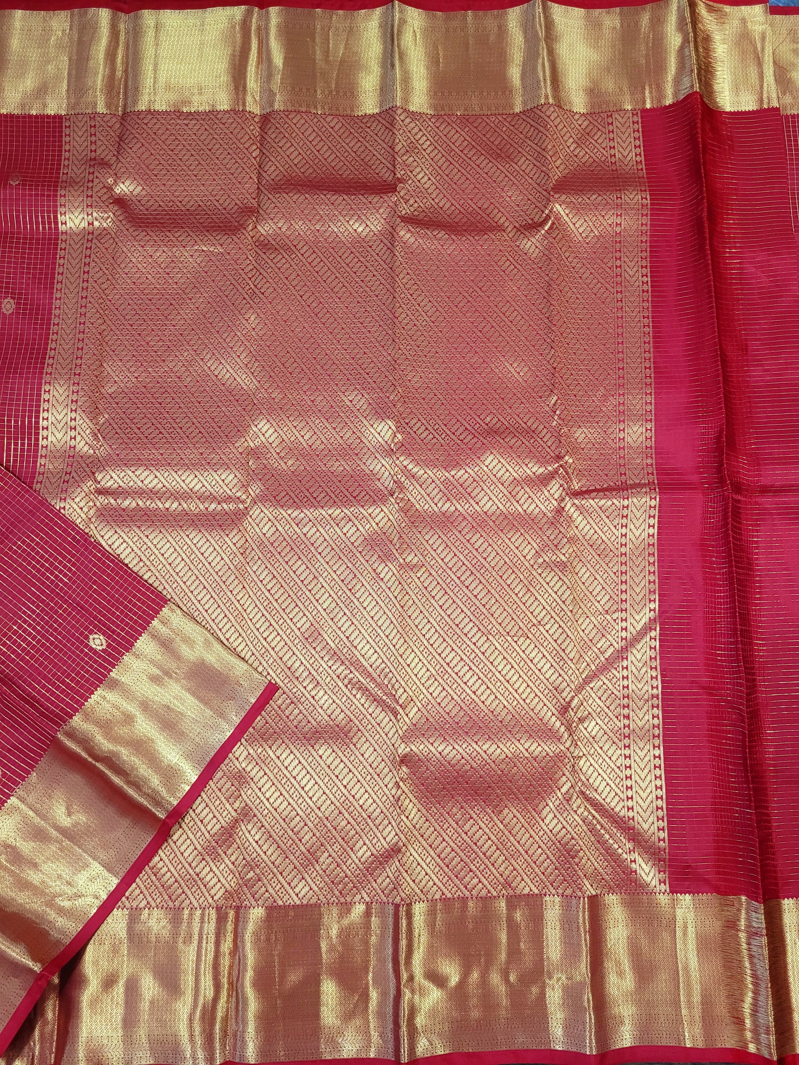 Red Kanchipuram Handloom Silk Saree With Zari Checks