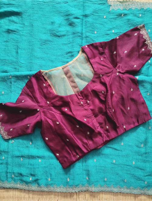 Butter Silk Embroidery Saree With Pre-Stitched Blouse