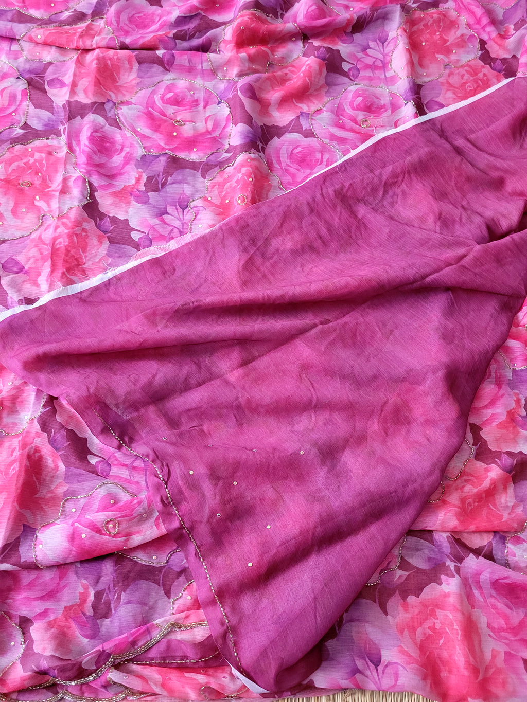 Pink Floral Pure Chiffon Saree With Embroidery