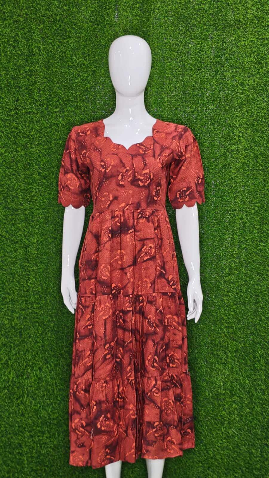 Brick Red Printed Handloom Cotton Gown