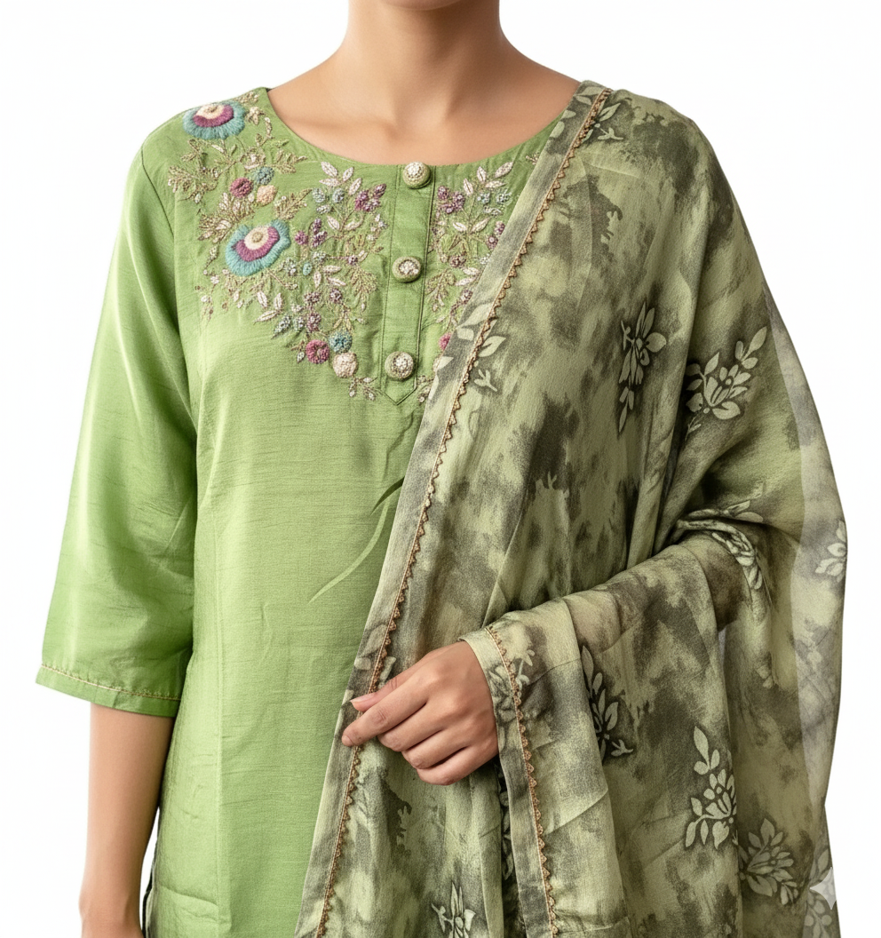 Salwar Suit With Printed Crepe Dupatta