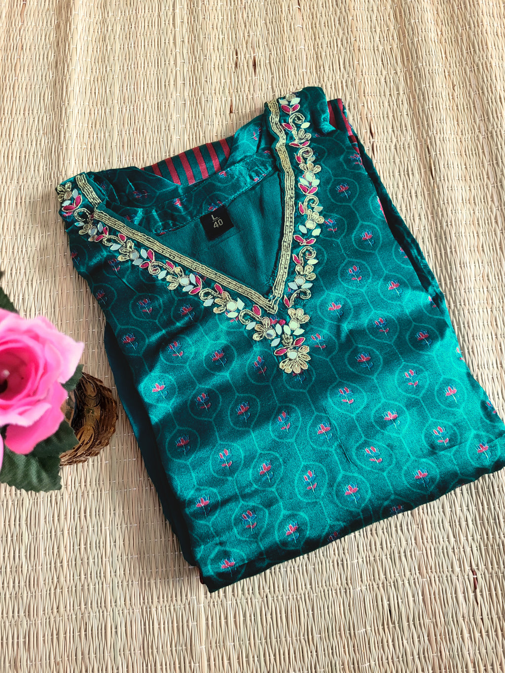 Ajrakh Printed Gaji Silk Kurti With Pant