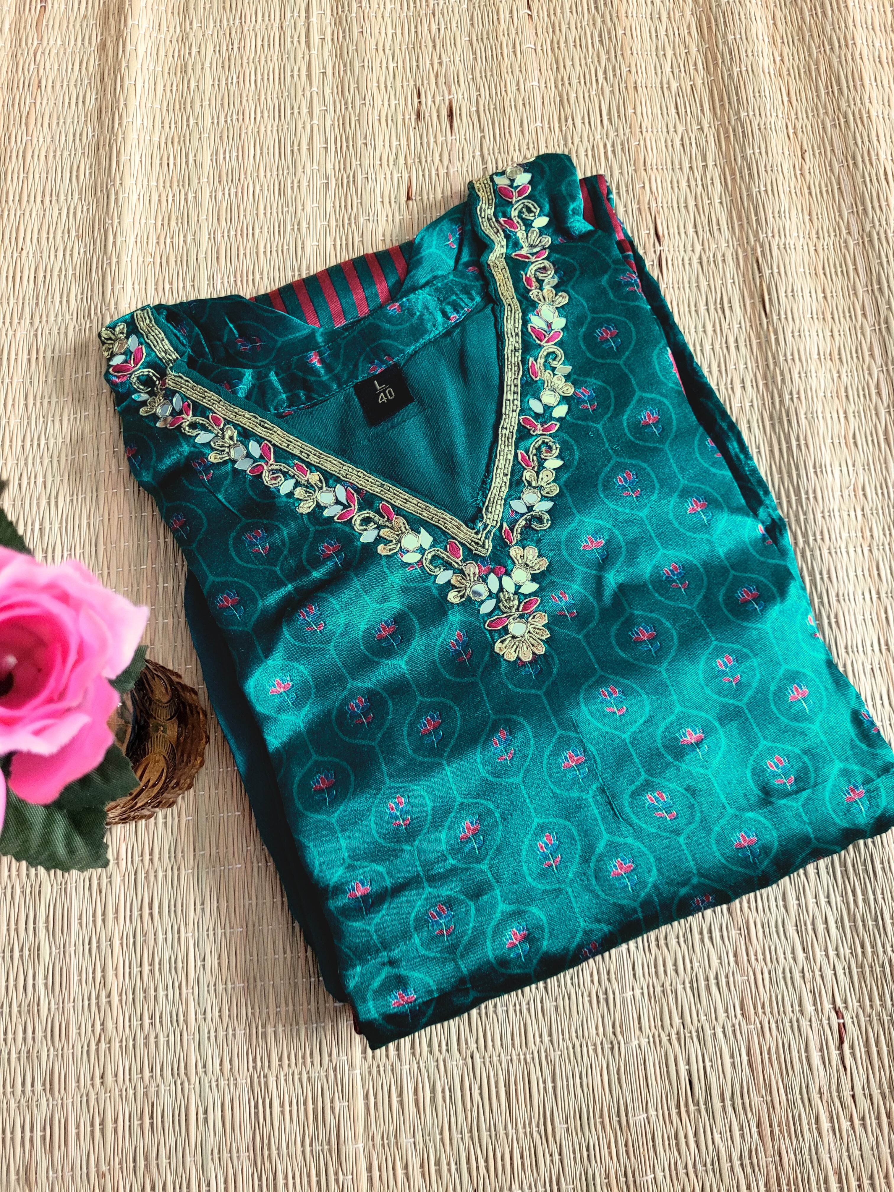 Ajrakh Printed Gaji Silk Kurti With Pant