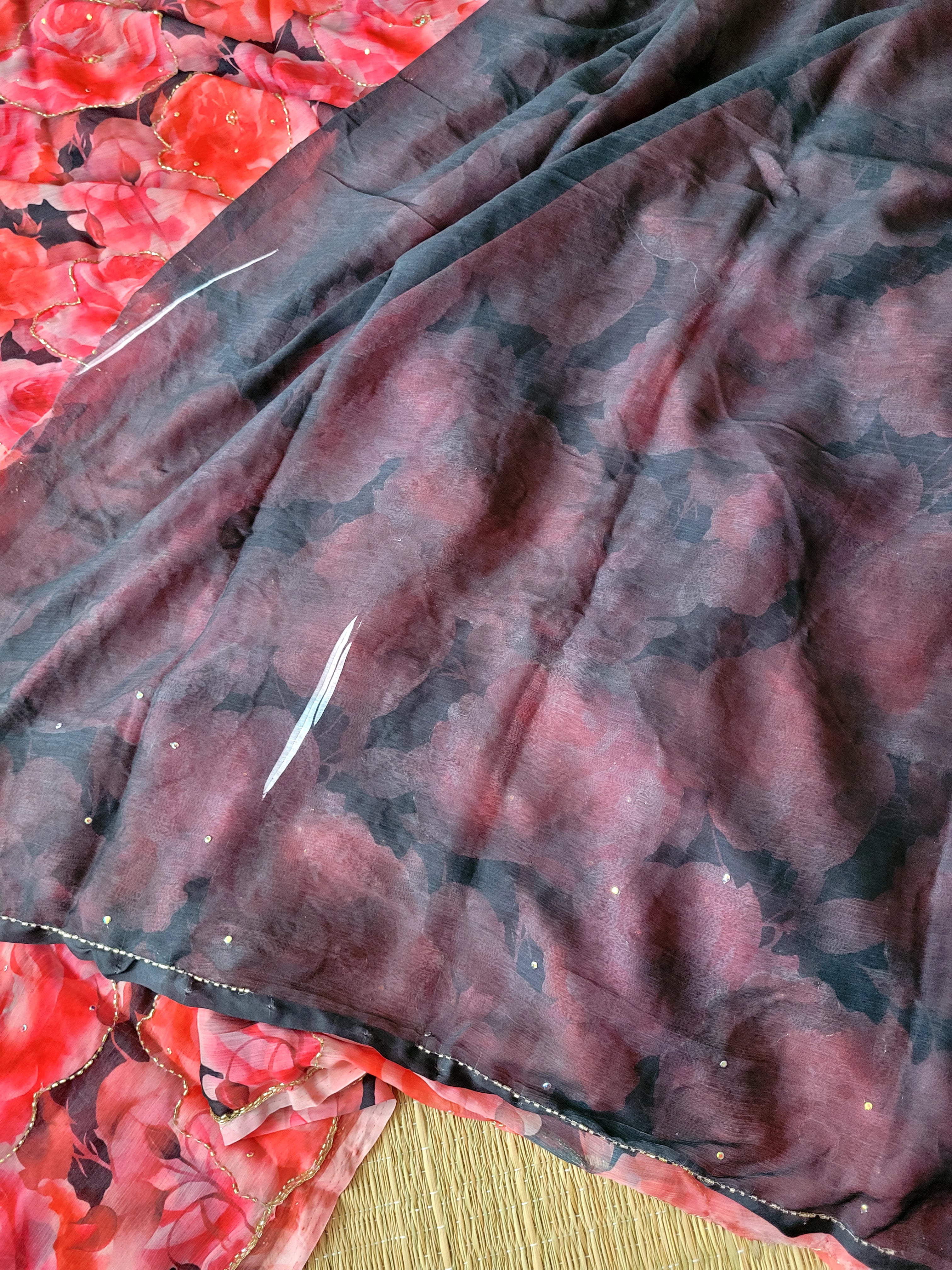 Black Pure Printed Chiffon Saree With Embroidery