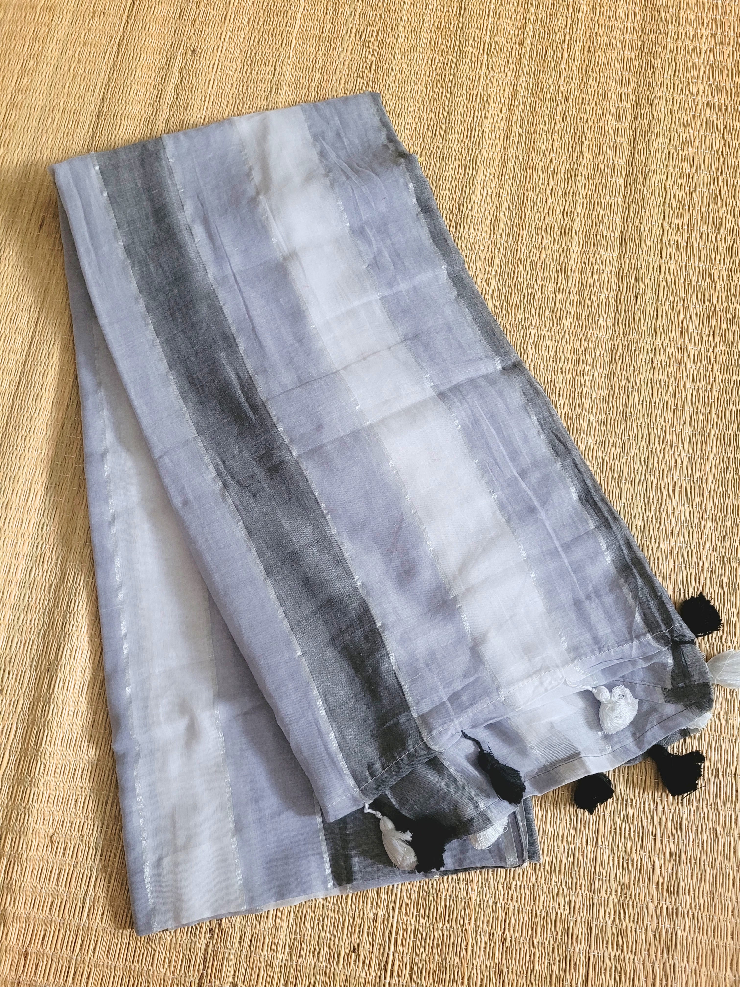 White And Grey Shaded Mul Cotton Saree