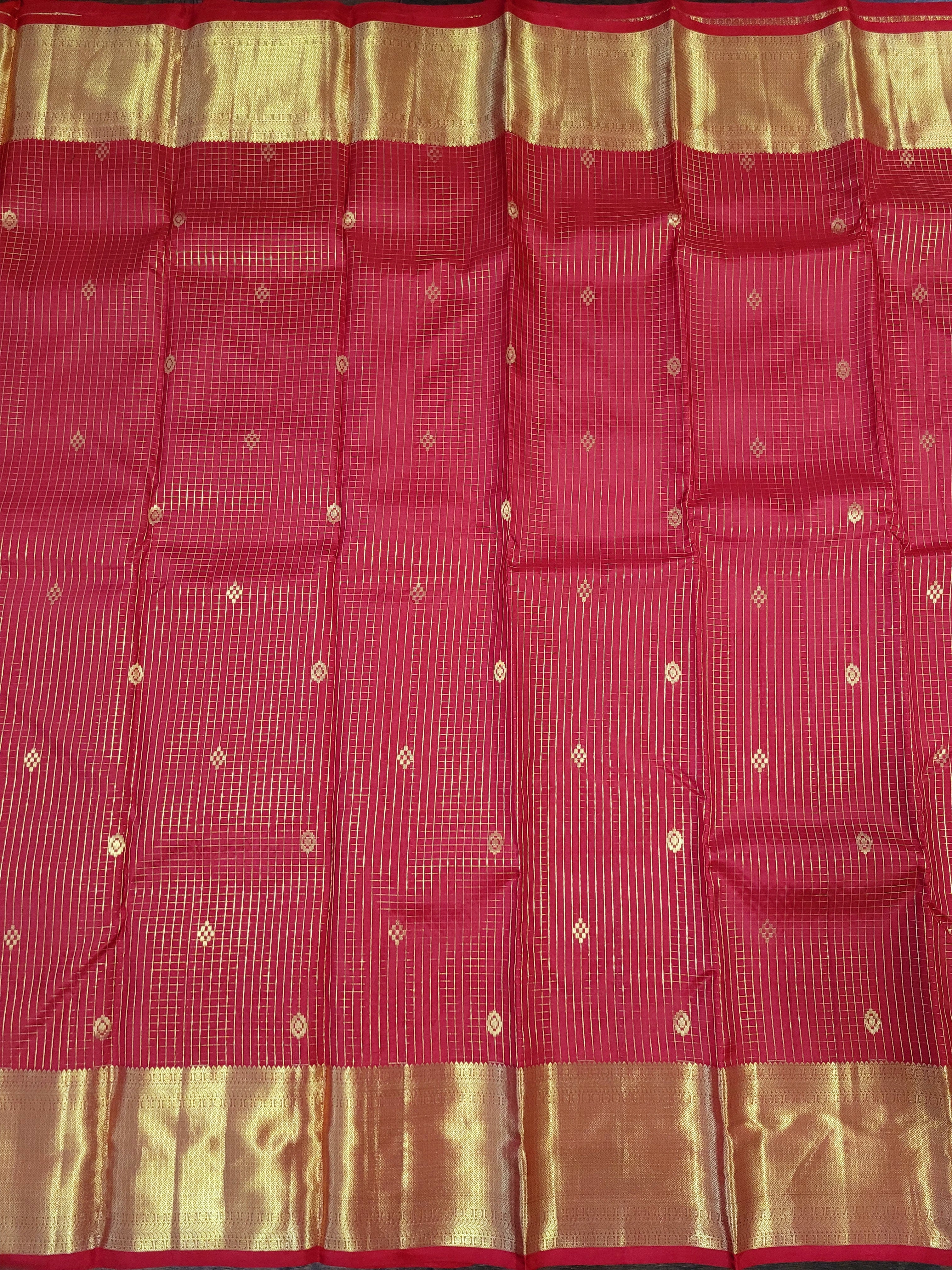 Red Kanchipuram Handloom Silk Saree With Zari Checks