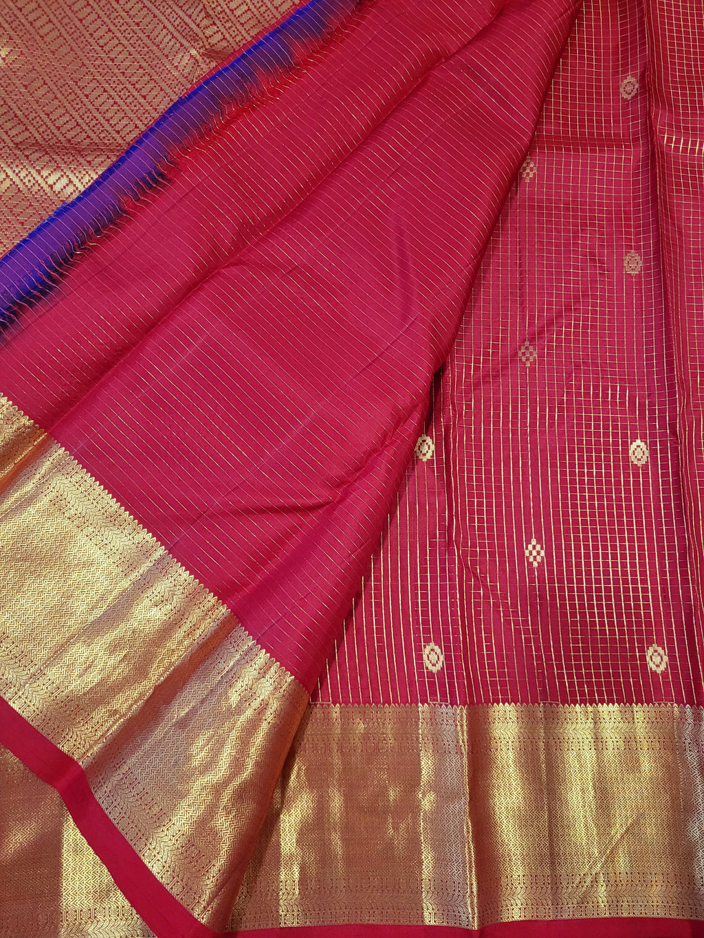 Red Kanchipuram Handloom Silk Saree With Zari Checks