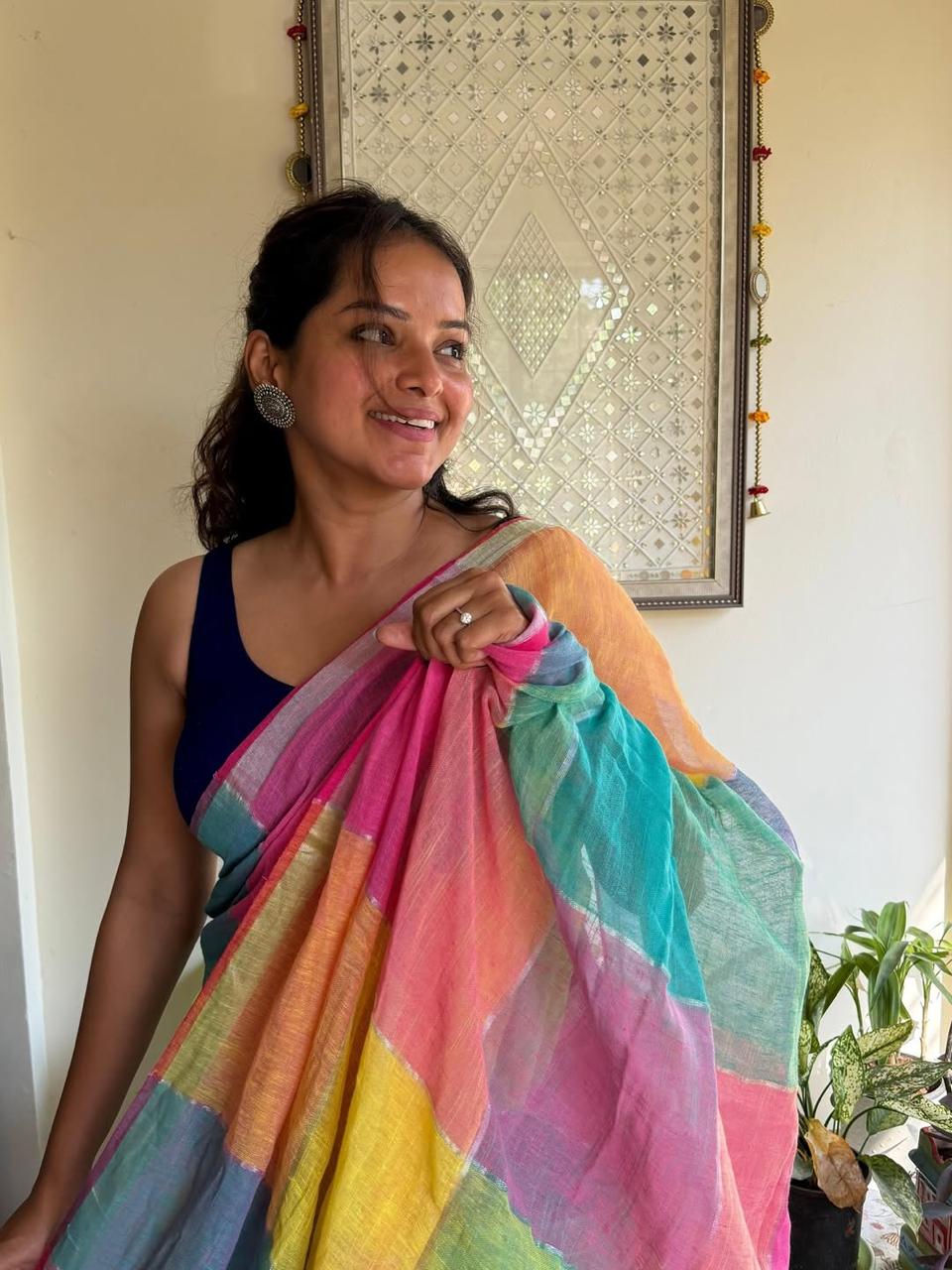 Multicolor Checkered Mul Cotton Saree