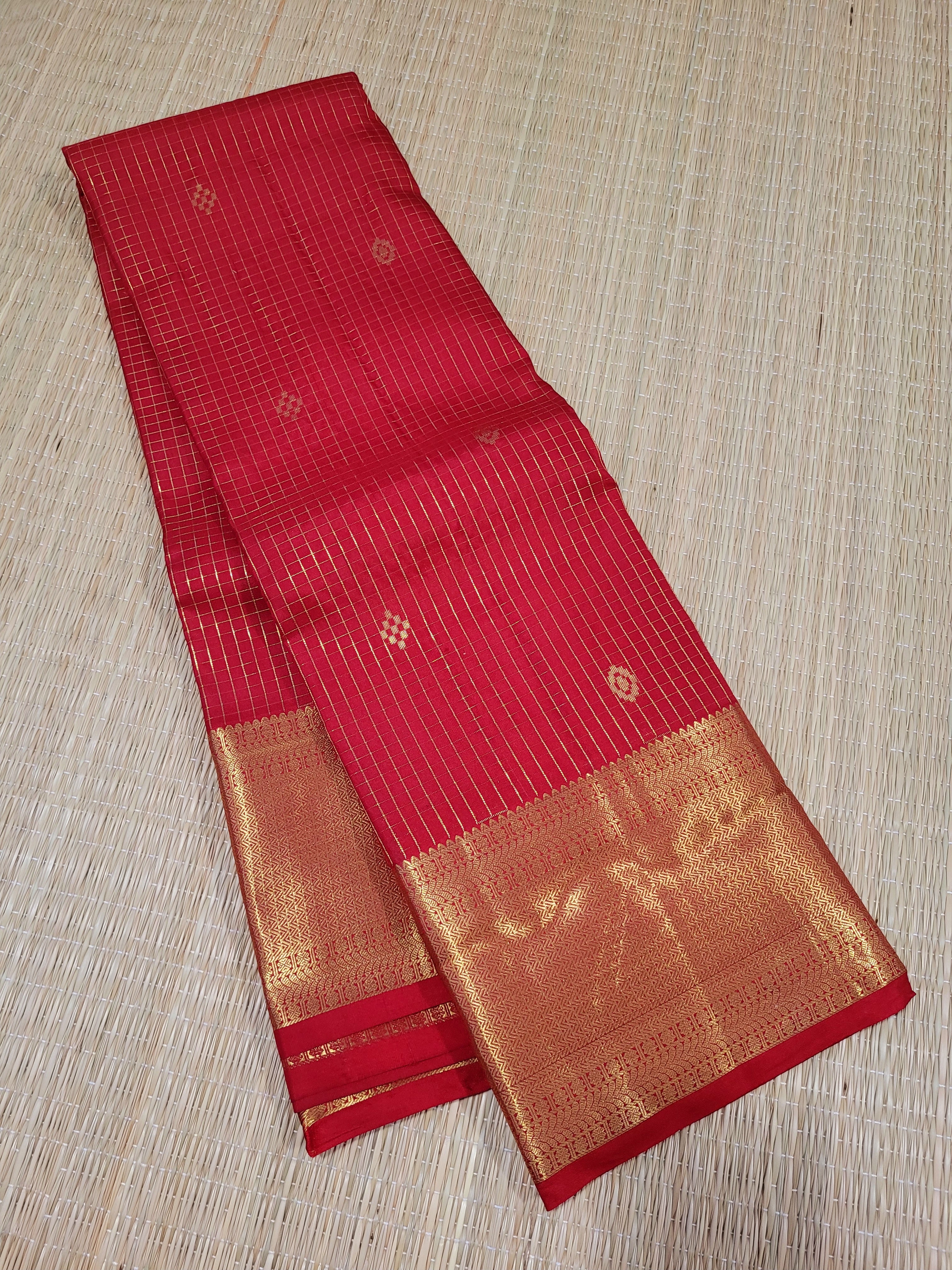 Red Kanchipuram Handloom Silk Saree With Zari Checks