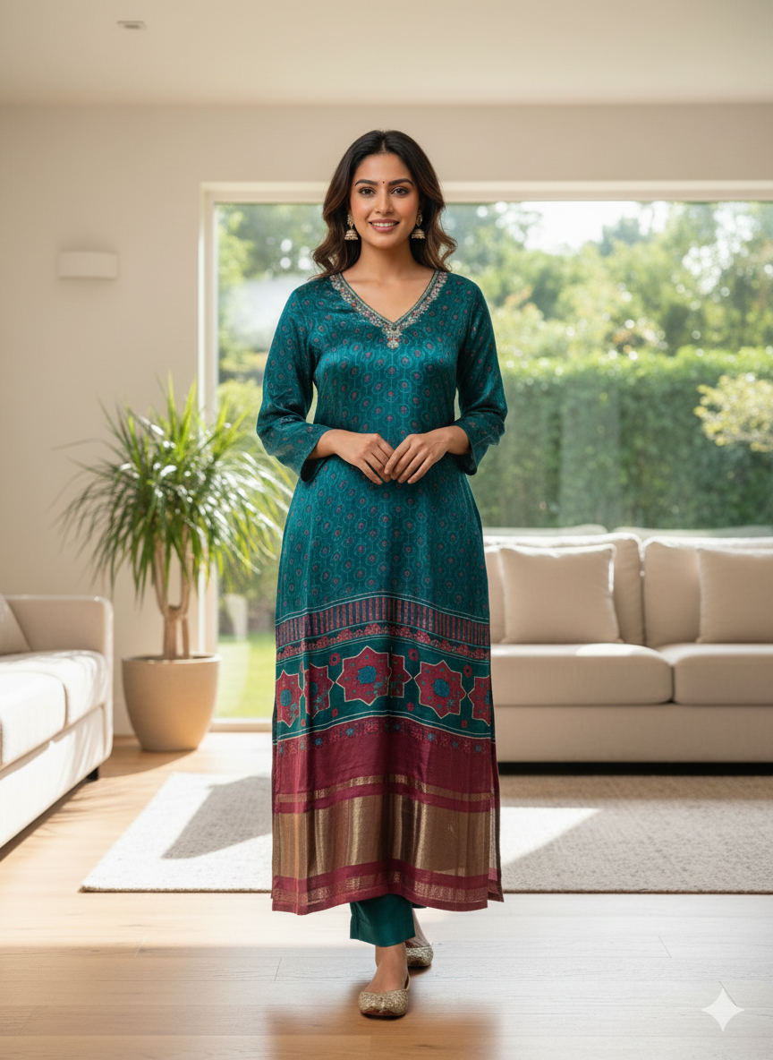 Ajrakh Printed Gaji Silk Kurti With Pant