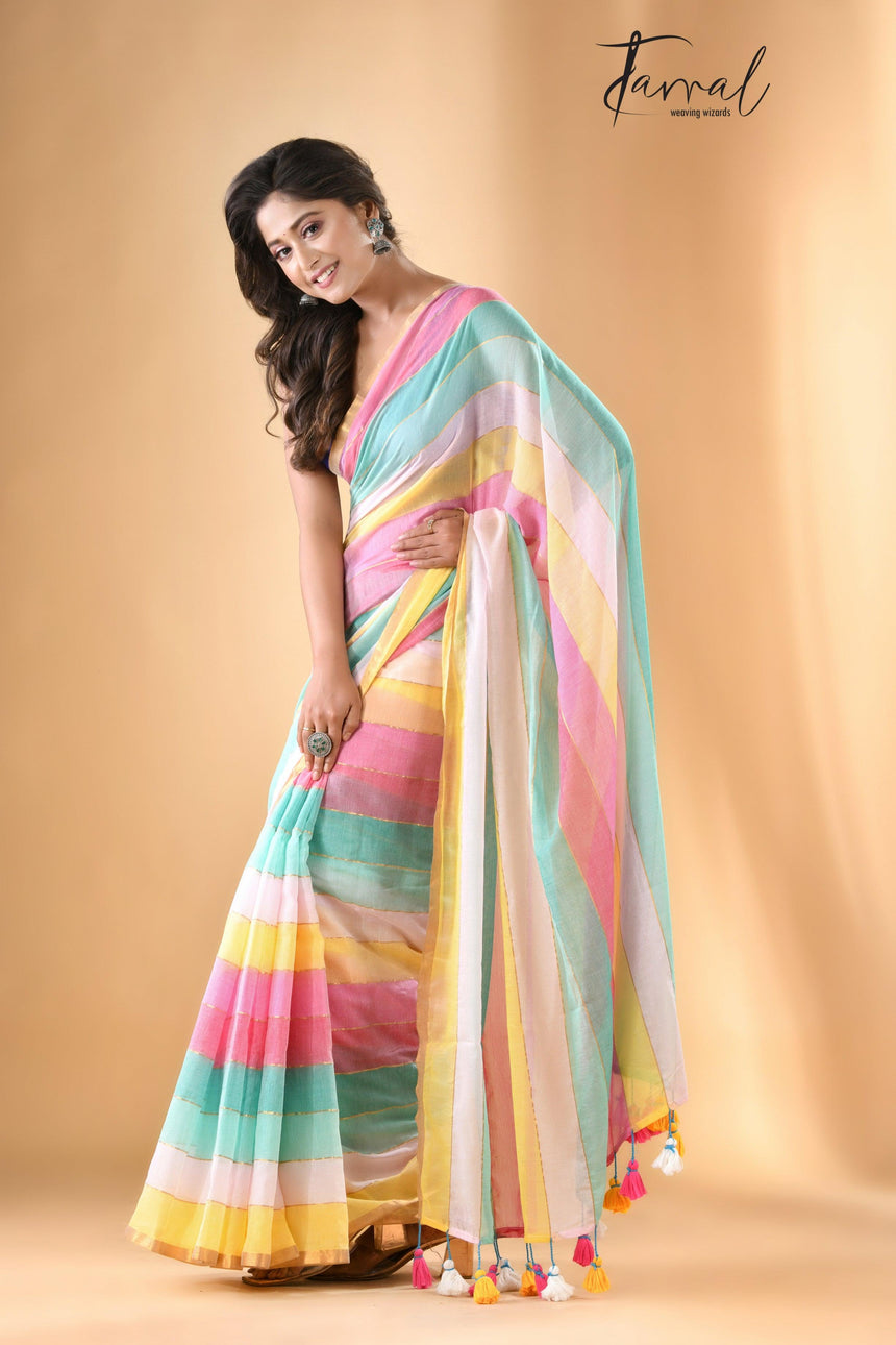 Multicolor Striped Mul Cotton Saree