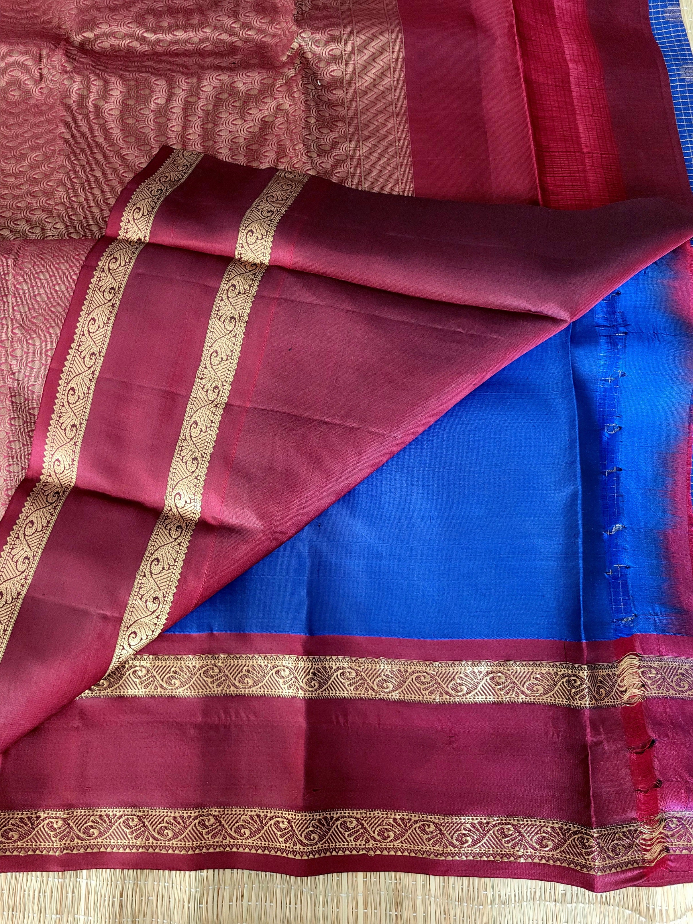 Royal Blue Kanchipuram Zari Checks Handloom Silk Saree