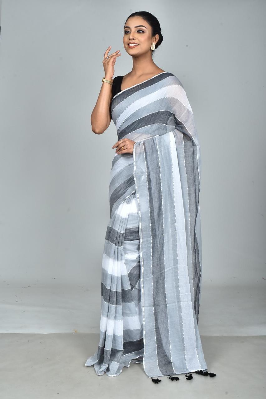White And Grey Shaded Mul Cotton Saree