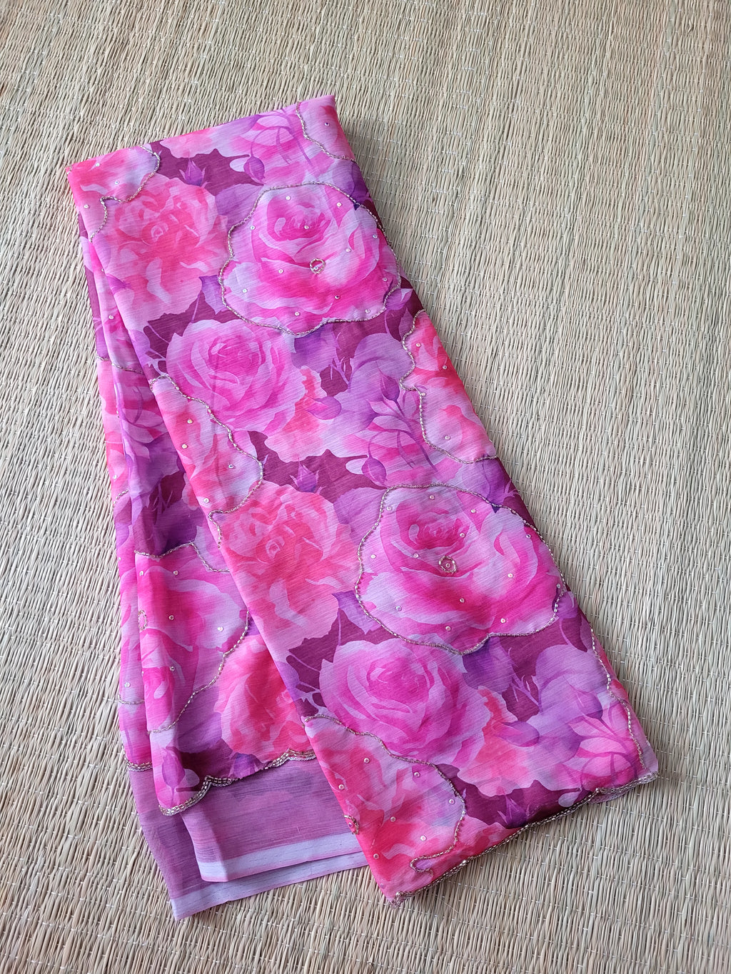 Pink Floral Pure Chiffon Saree With Embroidery